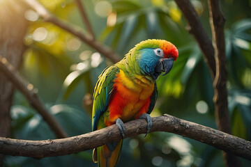 Obraz premium A close-up of a colourful little parrot standing on a tall tree branch