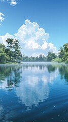 Fototapeta premium A serene lake with a still water surface reflecting the surrounding trees and sky, outdoor, lake, tranquility