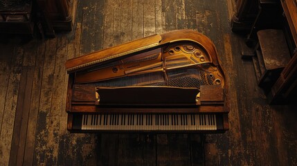 Vintage Piano on Rustic Wooden Floor with Classic Aesthetic
