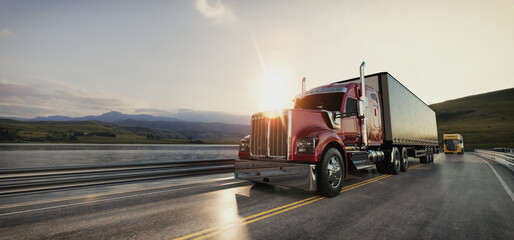 Red Semi Truck on Scenic Road