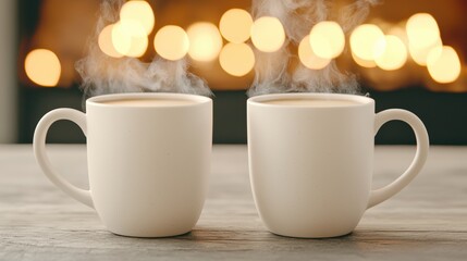 Fototapeta premium Warm Coffee Cups on a Wooden Table with Blurred Light Background