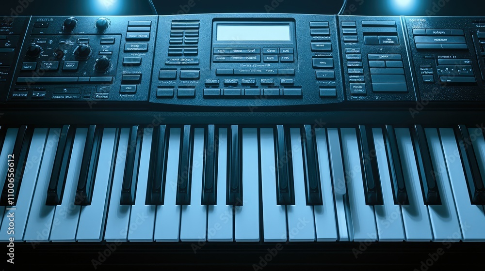 Poster close-up view of electronic keyboard with illuminated controls