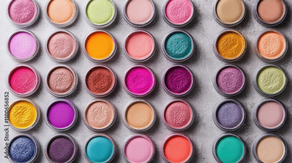 Poster Colorful Array of Cosmetic Powders in Circular Containers on Surface