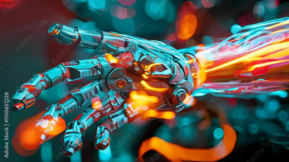 Poster futuristic robotic hand with intricate design and glowing elements