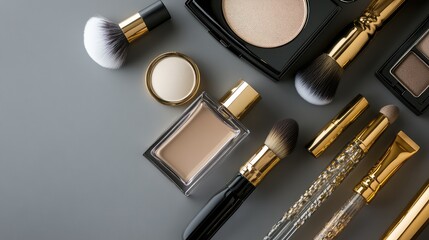 Obraz premium Elegant Makeup Products and Tools Layout on Gray Surface