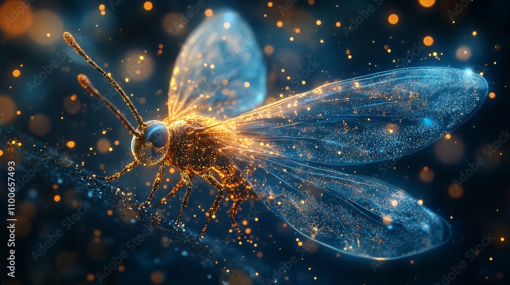 Poster glowing insect with translucent wings on branch.