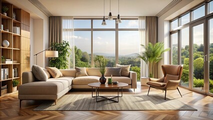 Fototapeta premium Elegant Living Room Interior Featuring Panoramic Window and Stylish Beige Armchair, Showcasing Modern Design and Cozy Atmosphere Perfect for Relaxation and Social Gatherings