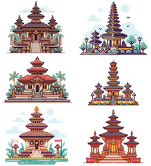 set collection pura Bali temple flat design vector