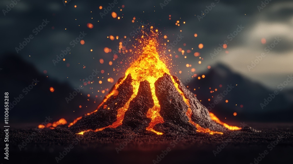 Poster erupting volcano with lava flowing and ash clouds surrounding it