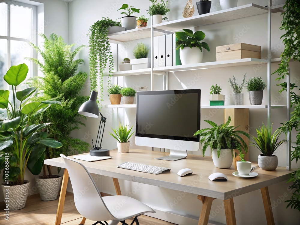 Aufkleber elegant modern computer setup with white display on minimalist desk surrounded by green plants and o