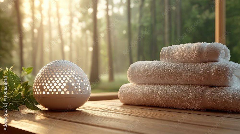 Poster cozy spa setup with soft towels and gentle aromatherapy diffuser