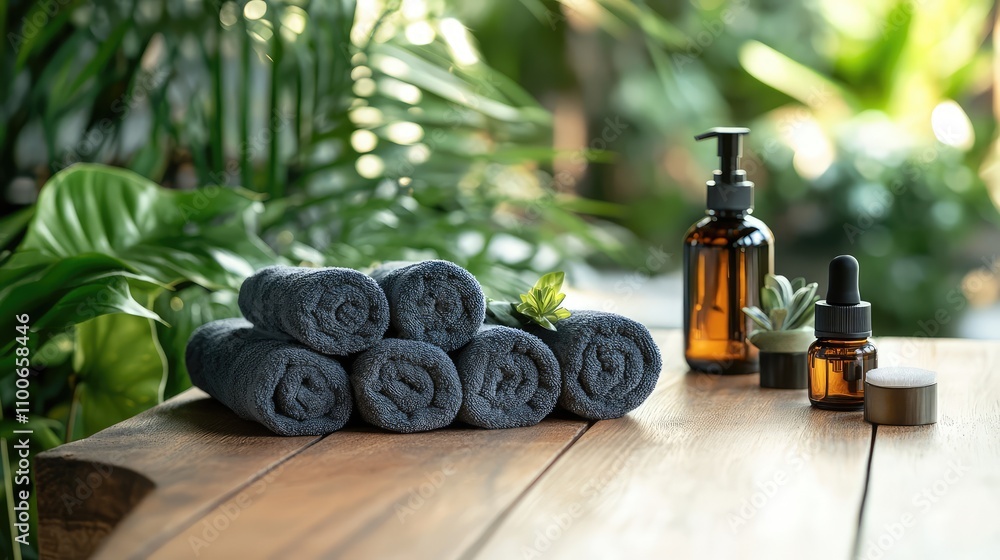 Poster tranquil spa setting with towels and essential oils on wooden table