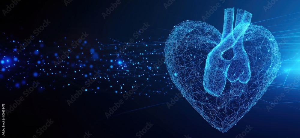 Poster digital heart shape with glowing lines and particles, representing love and technology. abstract des