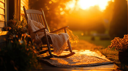 A warm sunset-lit scene featuring an old rocking chair on a porch, adorned with a cozy blanket, evoking nostalgia and comfort, ideal for Grandparents’ Day themes.