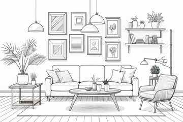 Fototapeta premium Elegant Modern Furniture and Home Interior Decor in Minimalist Scandinavian Style - Hand Drawn Line Art Sketches on White Background for Contemporary Home Design Inspiration