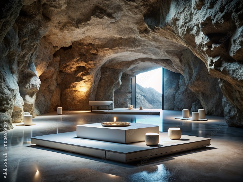 Poster elegant modern minimalist display platform set within natural stone caves illuminated by soft lighti