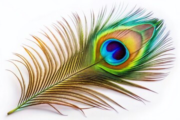 Fototapeta premium Elegant Natural Peacock Feather Isolated on White Background Showcasing Its Vibrant Colors and Intricate Patterns for Fashion Photography and Design Inspiration