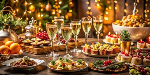 Fototapeta premium Elegant New Year's Eve Celebration with Gourmet Appetizers, Sparkling Champagne, and Festive Decor for a Memorable Night of Luxury and Indulgence