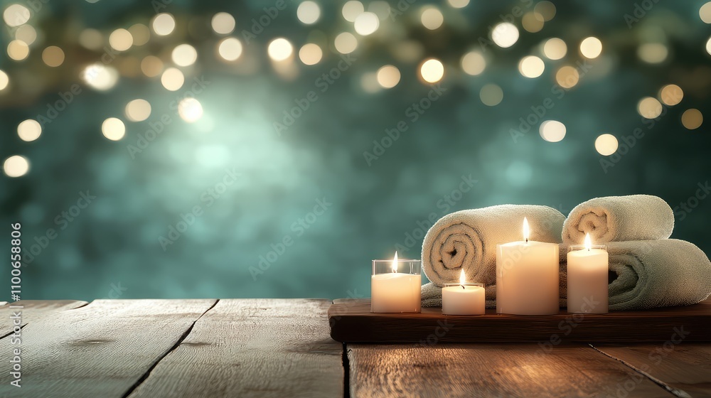 Poster tranquil spa setting with candles and soft towels on wooden table