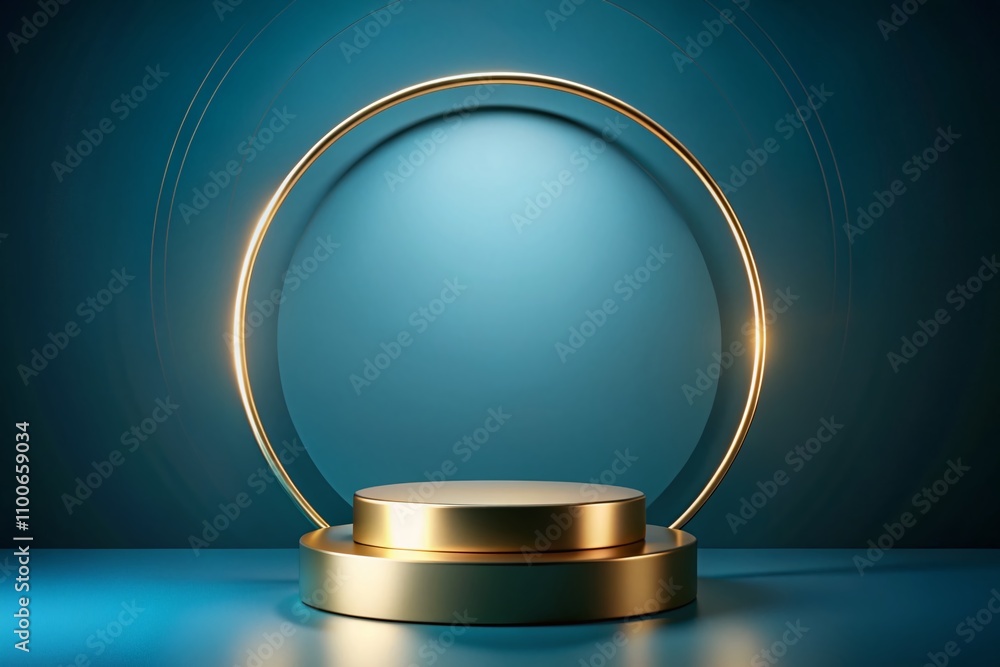Poster elegant pedestal display featuring a gold circle on a soft blue background for product promotion in 