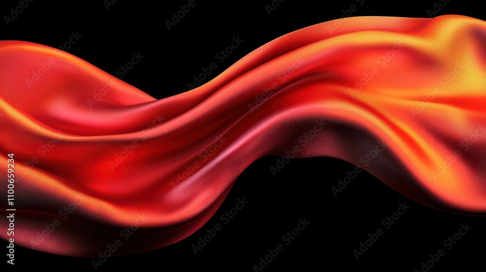 Poster flowing red and orange fabric with soft waves on dark background