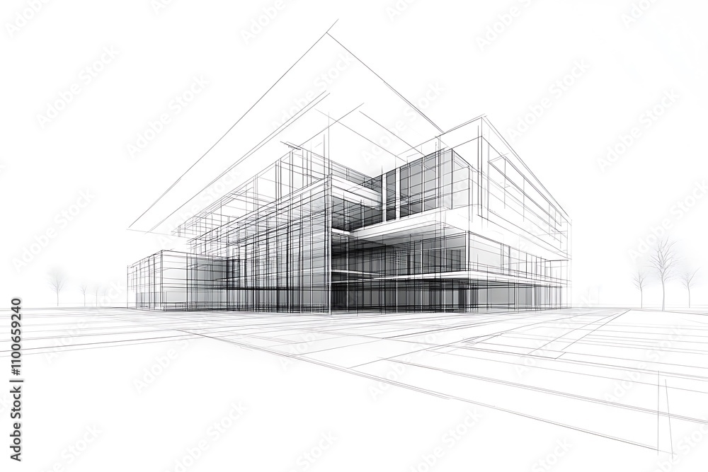 Poster a minimalist architectural sketch of a modern building with geometric lines and transparency.