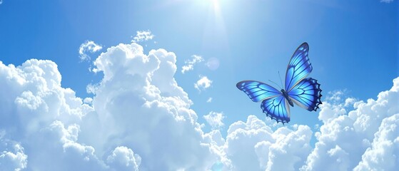 Blue butterfly in flight against a bright sunny sky, wildlife, sunny sky
