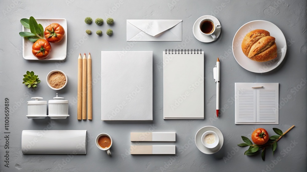 Poster elegant set of white stationery on a soft gray background perfect for minimalist branding and design