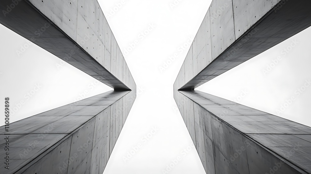 Poster a minimalist architectural view of two towering concrete structures against a cloudy sky.