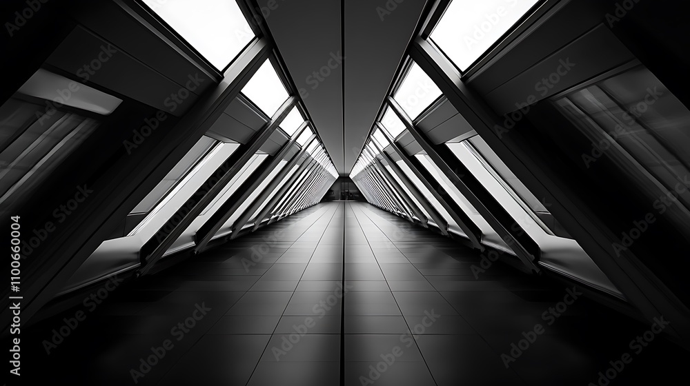 Poster A modern architectural corridor with angular lines and large windows, creating a striking perspective.