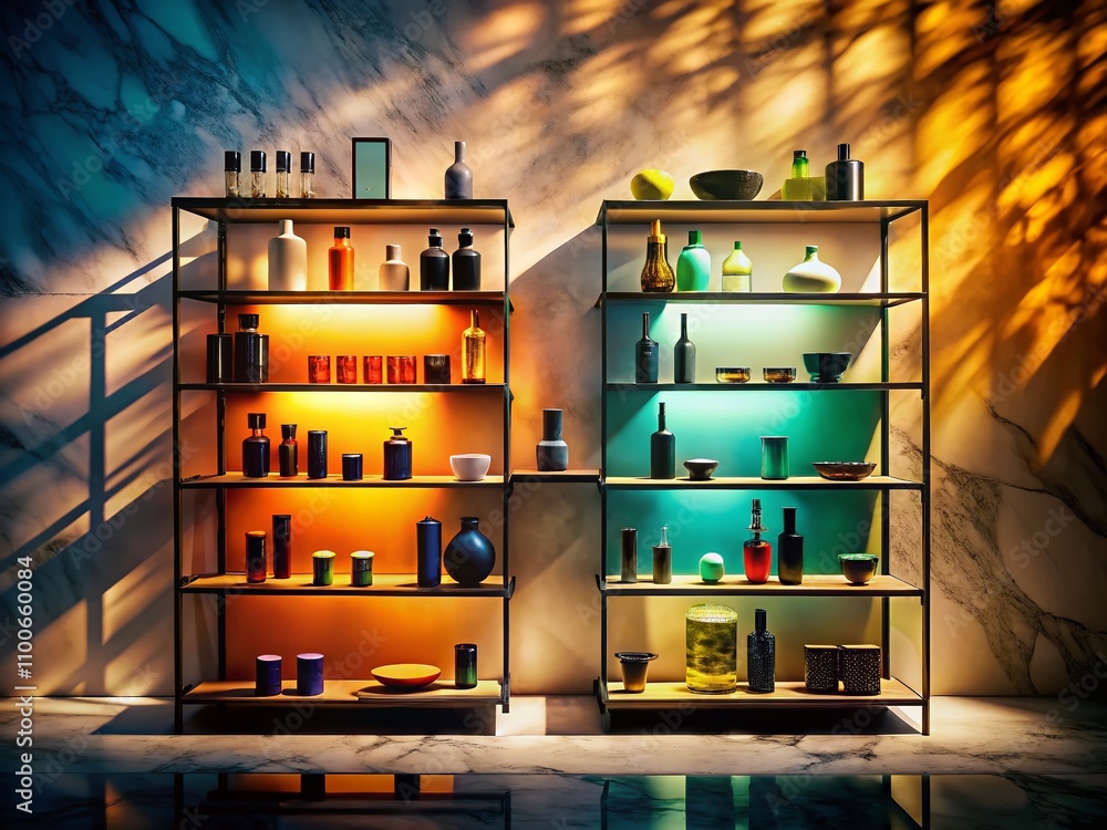 Poster elegant silhouette photography of a retail shelf displayed on a light marble vintage background, sho