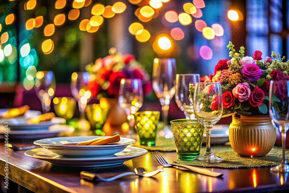 Poster elegant table setting with dark blurred background for stylish dining experience and copy space for 