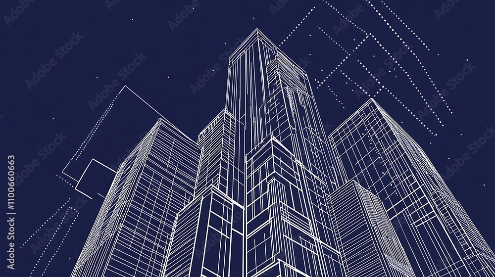 Poster a digital rendering of skyscrapers with a wireframe design against a dark background.