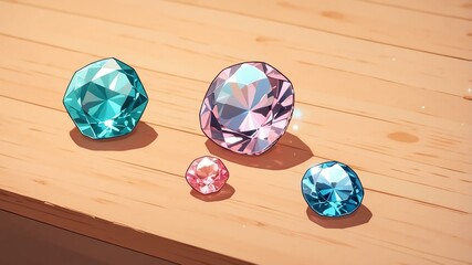 Close-up of a gem feldspar on a wooden table background, pastel anime style