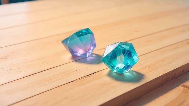 Close-up of a gem fluorapatite on a wooden table background, pastel anime style