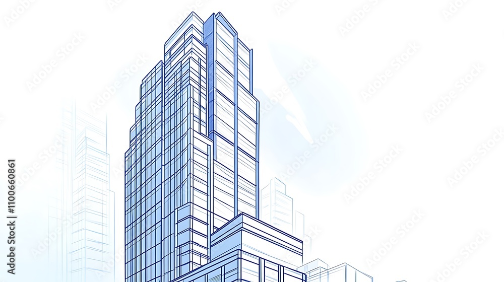 Aufkleber a stylized architectural rendering of a modern skyscraper with a minimalist design.
