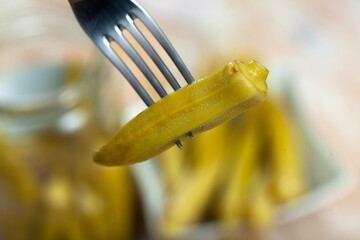 Traditional spanish cuisine, preserved okra on a plate, served in a cafe