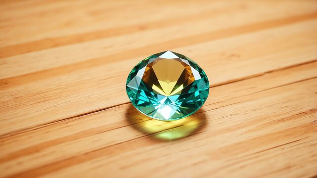 Close-up of a gemstone sphene on a wooden table background, pastel anime style