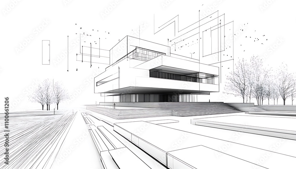 Poster a minimalist architectural sketch showcasing a modern building design with surrounding landscape.
