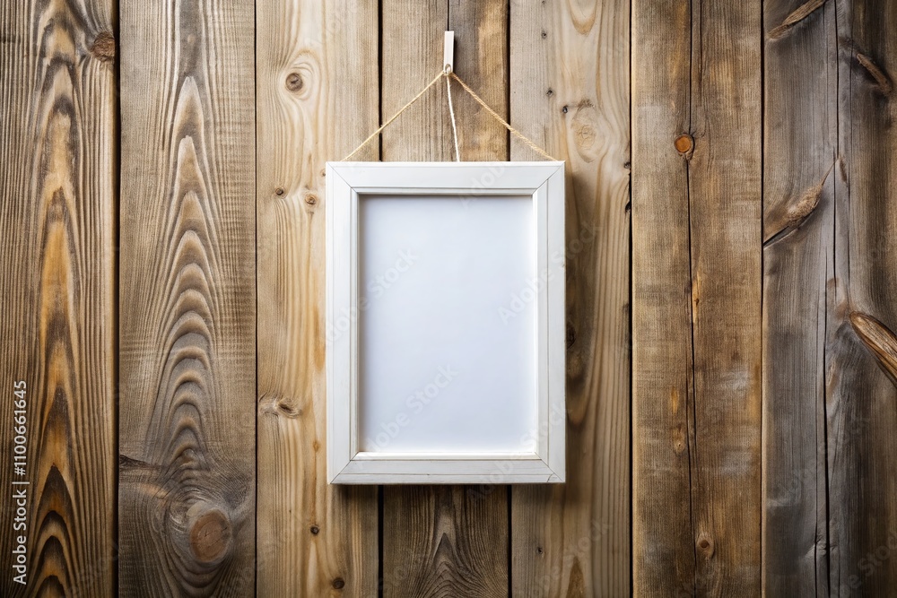 Poster elegant white rectangular vertical frame hanging on a rustic wooden wall for mockup presentation in 