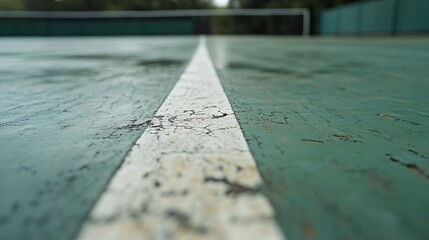 Fototapeta premium A tennis court's service line with visible ball marks and worn texture, outdoor setting with morning dew, Refreshing style