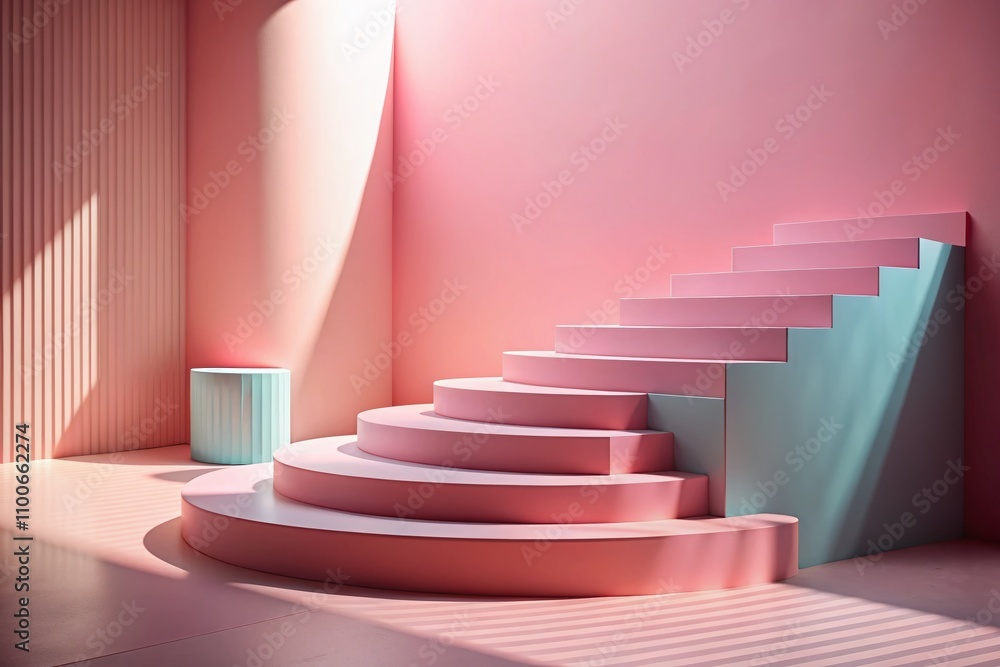 Poster empty pastel pink steps cylinder on soft background - 3d render of minimalistic design with elegant 