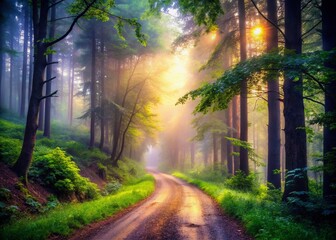 Fototapeta premium Enchanted Foggy Forest Road: A Serene Journey Through Nature's Mystique with Bokeh Effects Adding Depth to the Scene