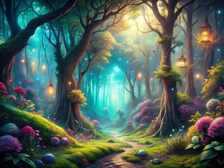 Fototapeta premium Enchanted Mystical Forest Landscape with Fantasy Elements in Dark Greens and Blues, Captured in Vintage Style Photography for a Dreamlike and Ethereal Atmosphere