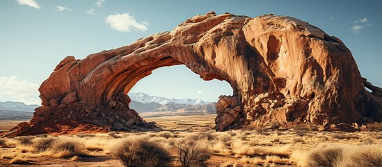 Majestic Rock Formation with Arch in Desert Landscape at Sunrise