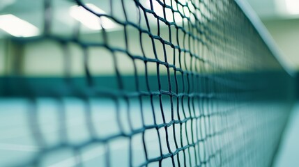 A tennis net with focus on the netting and posts, indoor setting with soft lighting, Elegant style