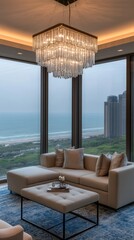 This opulent penthouse features plush sofas, elegant chandeliers, and stunning views of the coastal skyline, illuminated by warm golden light