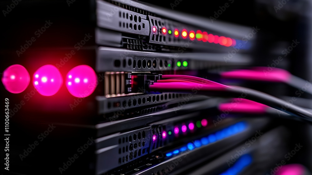 Poster close-up of a server rack with colorful led lights and cables, showcasing a technological setup.