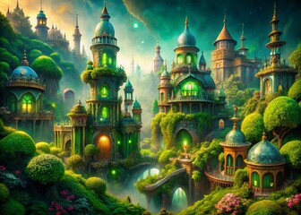 Fototapeta premium Enchanting Fantasy Scene of an Emerald City Bursting with Whimsy and Magic, Captured in Stunning Macro Photography with Intricate Details and Vibrant Colors