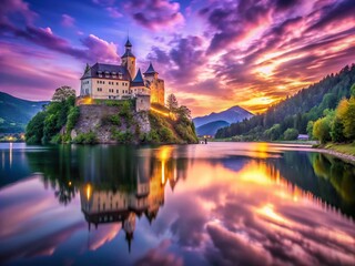 Enchanting Long Exposure of Castle Orth in Austria with Architectural Details Under a Purple Filter, Capturing Mystical Reflections and Serene Water Surroundings